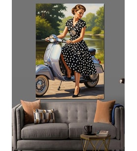 Scooter Süren Siyah Beyaz Puantiye Elbiseli Vintage Kadın Dekoratif Kanvas - Mdf Ahşap Tablo