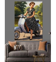 Scooter Süren Siyah Beyaz Puantiye Elbiseli Vintage Kadın Dekoratif Kanvas - Mdf Ahşap Tablo