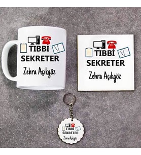 Tıbbi Sekreter Kupa Bardak Altlık ve Anahtarlık Hediye Seti (Model 1)