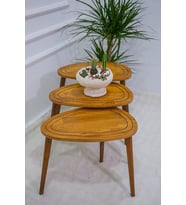 Doğal Ahşap Zigon Sehpa, Masif 3'lü Set, Modern Masif Yan Sehpa (Kahverengi)