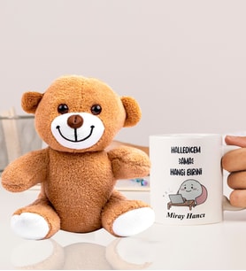 Kişiye Özel 25cm Peluş Ayıcık Ve Halledicem Tasarımlı Beyaz Kupa