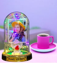 Kişiye Özel Renkli Led Işıklı Fanus ve Pembe Türk Kahvesi Fincanı (Model 4)