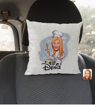 BK Gift Kişiye Özel İsimli Kadın Chef Karikatürlü Kare Araç Koltuk Yastığı-1