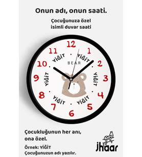 İsme Özel Sevimli Ayıcık Çocuk Odası Duvar Saati Orta Boy 30 cm Siyah Camlı Sessiz