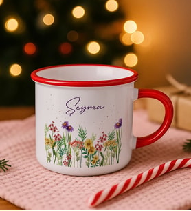 BK Gift Kişiye Özel Çiçek Tasarımlı Kırmızı Emaye Kupa Bardak -7, Arkadaşa Hediye, Sevgiliye Hediye