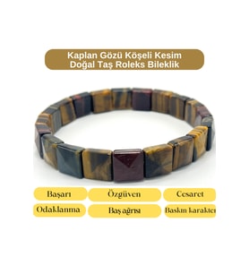 SERTİFİKALI Kaplan Gözü Karma Renk Köşeli Kesim Doğal Taş Roleks Bileklik