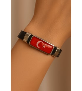 Ay Yıldız Kırmızı Bayrak Figürlü Siyah Deri Bileklik  Unisex, Şık ve Ayarlanabilir Model