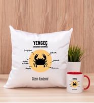 Kişiye Özel Yengeç Burcuna Hediye Kare Yastık ve Kırmızı Kupa