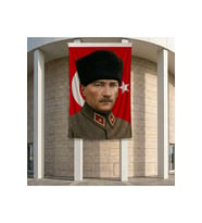 Askeri Üniformalı Atatür ve Türk Bayrağı Poster Bayrak Premium Raşel Kumaş ATA80 2x3m