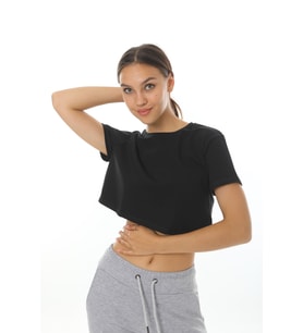 Step Beyaz Kadın Pamuklu Crop Salaş T-shirt (Siyah)