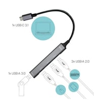 Type-C To USB Hub 4 Ports ,  USB-C'den 4 Portlu USB çoklayıcı ,   MacBook'lar, Windows dizüstü bilgisayarlar, iPad'ler ve bazı Android telefonlar (Gri-Gri-Gri)