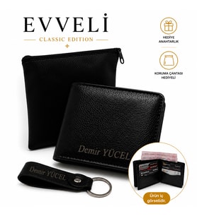 EVVELİ Kişiye Özel Erkek Cüzdan Seti – İsimli Cüzdan, Anahtarlık ve Hediye Çantası