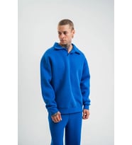 Erkek Patlı Yaka Üç İplik Pamuklu Sweatshirt Double Oversize Rahat Kalıp Günlük Kullanım - Mavi