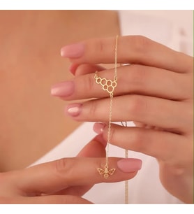 Kişiye Özel 925 Ayar Gümüş Tasarım Sallantılı Bal Peteği Arı Model Kolye (Gold)