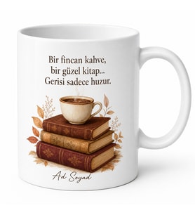 Kahve ve Kitap Aşkı Yazılı Baskılı Porselen Kupa Bardak Hediye