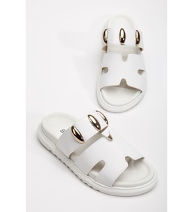 Rens Kadın Yumuşak Tabanlı Toka Detaylı Günlük Beyaz Terlik (Çok Renkli)
