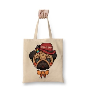 Pug Köpek Beyaz Bez Çanta Uzun Saplı Alışveriş Çantası Plaj Çantası