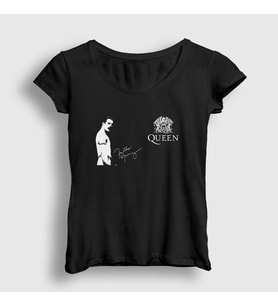 Presmono Kadın Siyah İmza Queen Freddie Mercury T-Shirt 34347tt