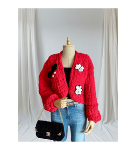 El yapımı örgü mickey desenli puffy kısa chunky hırka (Kırmızı)