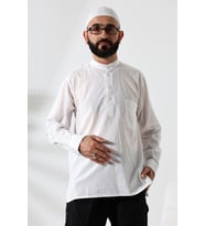 Erkek %100 Pamuk Vual Rahat Kesim Hakim Yaka Yarım Pat Beyaz Hac Umre Gömlek