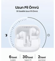HiTune T6 Magic Aktif Gürrültü Engelleyici Ekranlı Kablosuz Kulak İçi Kulaklık, 30 Saat Çalma Süresi, 4 Mikrofon, ANC, Beyaz, 55137