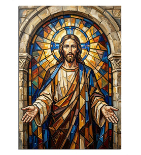 Vitray Pencerede Işıklı İsa Portresi Dekoratif Kanvas - Mdf Ahşap Tablo