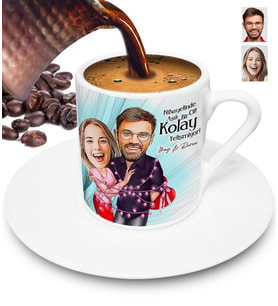 Kişiye Özel Sevgililer Gününe Özel Karikatürlü Türk Kahvesi Fincanı (Beyaz)