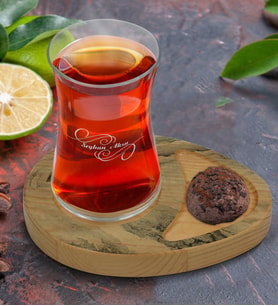 BK Gift Kişiye Özel Mermer Tasarımlı Doğal Ahşap Tabaklı Heybeli Çay Bardağı Sunum Seti Model 15