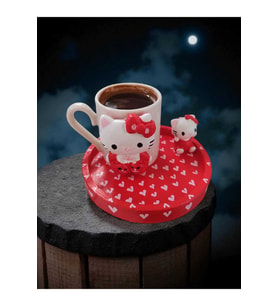 El Yapımı Hello Kitty Tasarımlı Porselen Kahve Fincanı (Kırmızı) - Dekoratif Kahve Takımı