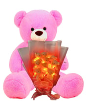 Premium 90 cm Peluş Ayı ve LED Işıklı 9'lu Kırmızı Yumoş Peluş Ayıcık Buketi (Fuşya)