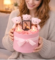 Kişiye Özel Fotoğraflı,Pembe Mum Ve Peluş Ayıcık Buketi