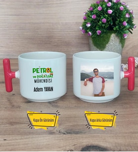 Petrol ve Doğalgaz Mühendisi Kupa Bardak Fotoğraflı T Kırmızı Kulplu Mühendisler Günü Hediyesi