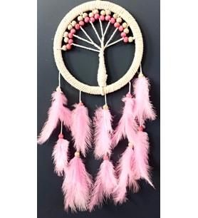 Pembe Kuş Tüylü Hayat Ağacı Dream Catcher Duvar Süsü