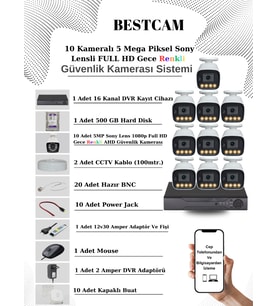 BESTCAM 10 Kameralı Set 5 Mega Piksel Sony Lensli FULL HD Gece Görüşü Renkli Güvenlik Kamera Seti 500 GB HDD