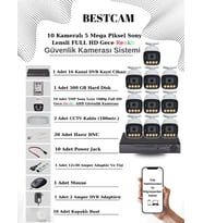 BESTCAM 10 Kameralı Set 5 Mega Piksel Sony Lensli FULL HD Gece Görüşü Renkli Güvenlik Kamera Seti 500 GB HDD