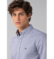 Lacoste Mens Slim Fit Gray Cotton Shirt Dar Kesim Pamuklu Erkek Gömlek Gri