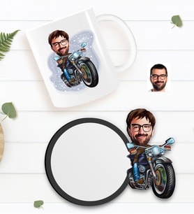 BK Gift Kişiye Özel Erkek Motorcu Karikatürlü Beyaz Kupa ve Ahşap Bardak Altlığı Hediye Seti-2