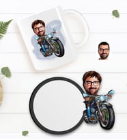 BK Gift Kişiye Özel Erkek Motorcu Karikatürlü Beyaz Kupa ve Ahşap Bardak Altlığı Hediye Seti-2
