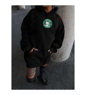 Üç İplik Penye Uzun Kol Kapşonlu SweatShirt - Siyah