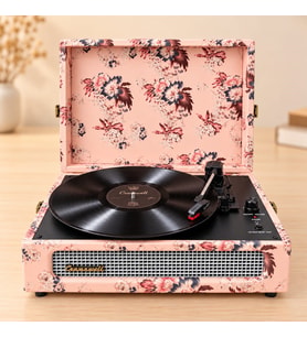 Crownwell Çiçek Desenli Bluetooth Turntable Pikap Vintage Bavul Tipi