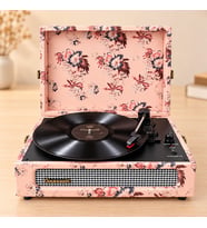 Crownwell Çiçek Desenli Bluetooth Turntable Pikap Vintage Bavul Tipi