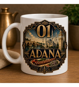 Adana Temalı Hediyelik Kupa Bardak - 01 Plaka Art-Deco ve Simetrik Motifli Özel Tasarım Kupa