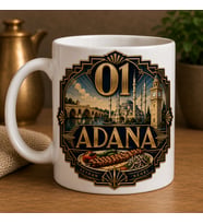 Adana Temalı Hediyelik Kupa Bardak - 01 Plaka Art-Deco ve Simetrik Motifli Özel Tasarım Kupa