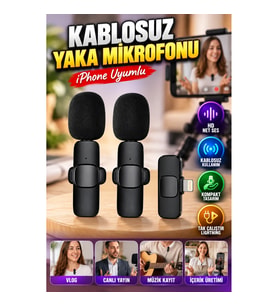 iPhone Uyumlu Çift Kablosuz Yaka Mikrofonu Seti Lightning Alıcılı Profesyonel Ses Kayıt Sistemi