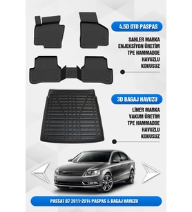 Volkswagen Passat B7 2011-2014 Uyumlu 4.5D Premium Havuzlu Oto Paspas ve Liner Bagaj Havuzu