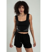 Sifu Tekstil Kadın Kare Yaka Askılı Yanları Çizgili Spor Triko Crop Top Badi SFYZ1006 (Siyah)