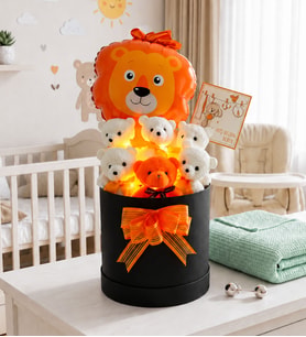 Aslan Balonlu Özel Kutuda Led Işıklı 6'lı Peluş Ayıcık Buketi Bebek Hediyesi Kız Erkek Yeni Doğan Hediye Seti- Baby Shower