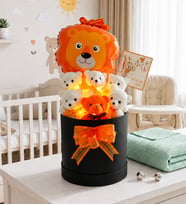 Aslan Balonlu Özel Kutuda Led Işıklı 6'lı Peluş Ayıcık Buketi Bebek Hediyesi Kız Erkek Yeni Doğan Hediye Seti- Baby Shower