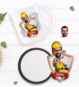 BK Gift Kişiye Özel Erkek Yol Mühendisi Karikatürlü Beyaz Kupa ve Ahşap Bardak Altlığı Hediye Seti-1