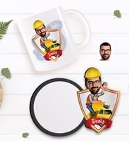 BK Gift Kişiye Özel Erkek Yol Mühendisi Karikatürlü Beyaz Kupa ve Ahşap Bardak Altlığı Hediye Seti-1